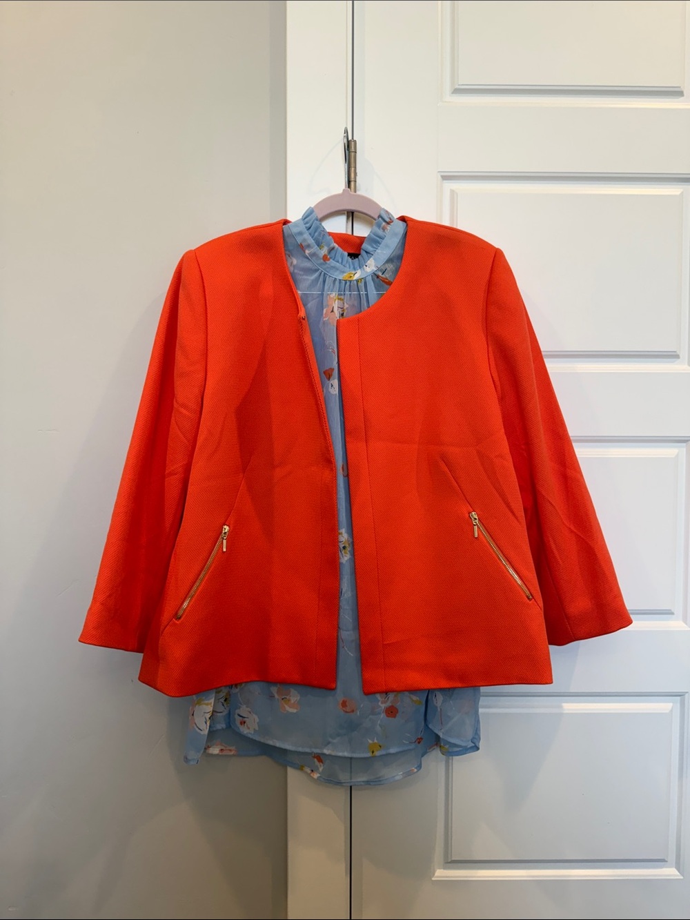 Tahari Bright Orange Collarless Zip-Pocket Jacket